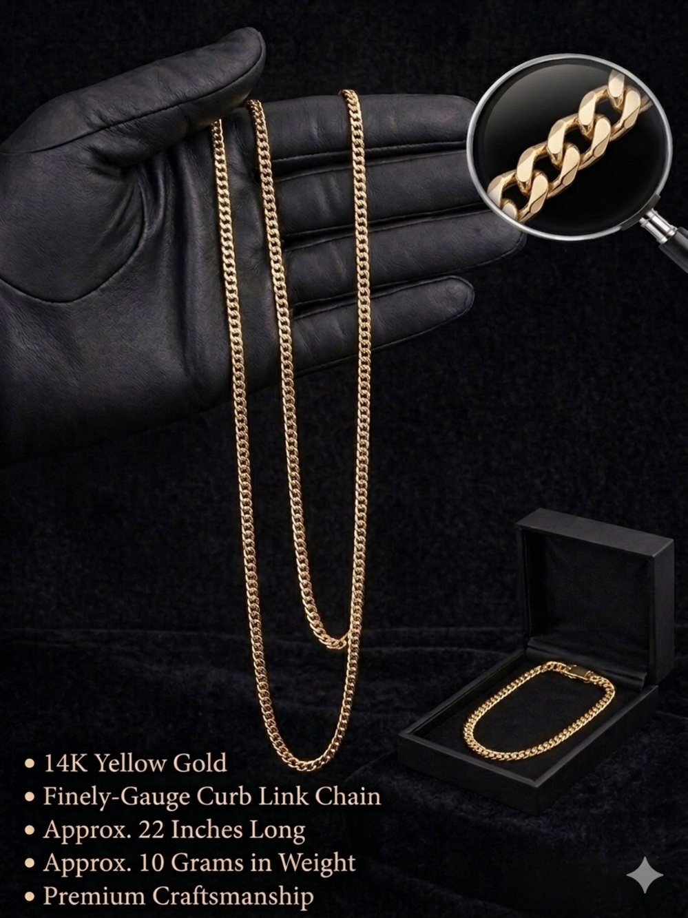 14K Yellow Gold Curb Link Chain - 22" 10g - Finely Gauged Luxury Necklace